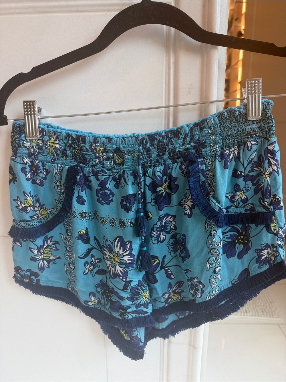 Poupette St. Barth Turquoise Floral Fringe Drawstring Shorts